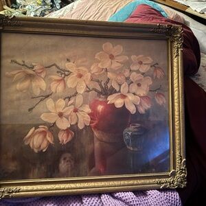 Framed Floral Still Life Painting with Pink Magnolia Blossoms
